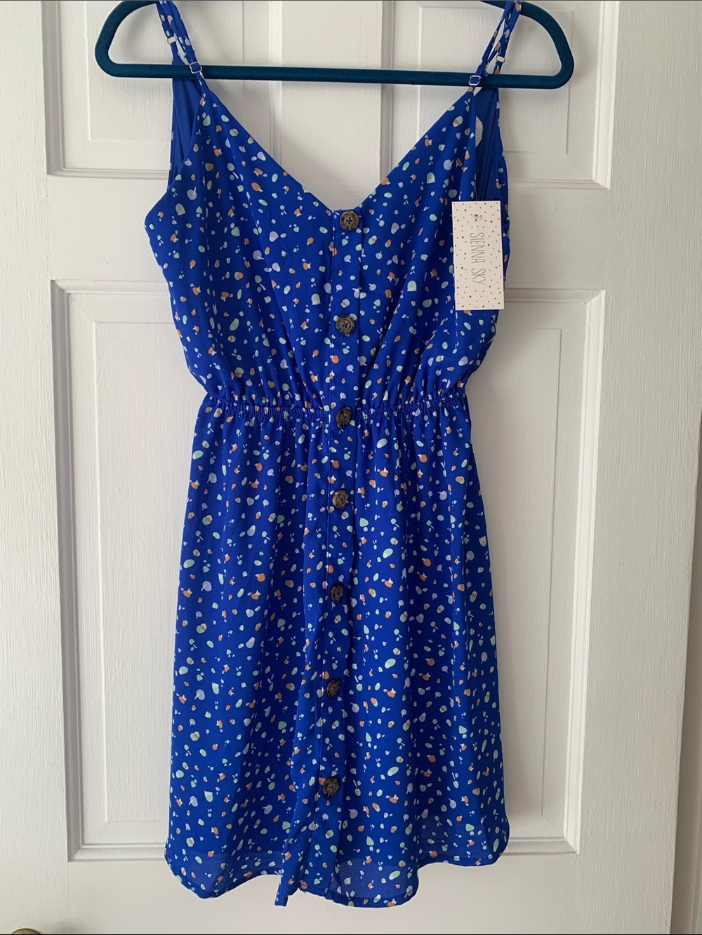 Sienna Sky Blue Spaghetti Strap Sundress with Confetti Print - size m-NWT